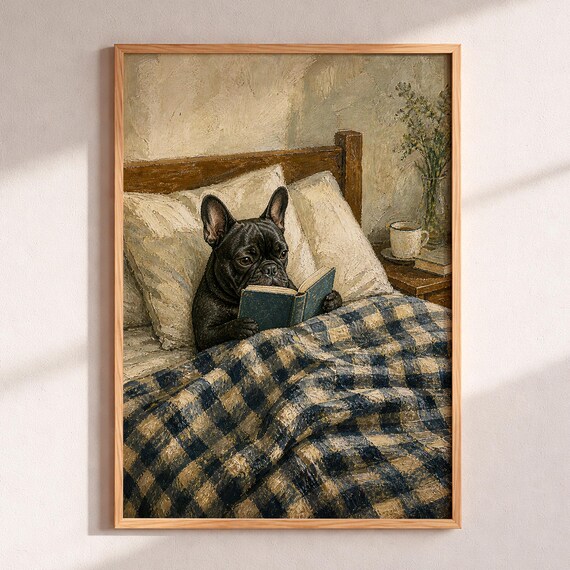 Black French Bulldog Reading Book Wall Art Vintage Oil Painting Dark Academia Decor Cozy Bedroom Poster Gift For Dog Lovers Bookworms