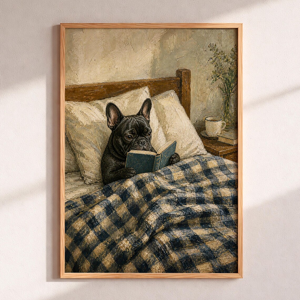 Black French Bulldog Reading Book Cozy Oil Painting Wall Art