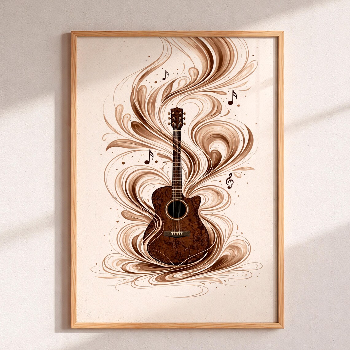 Acoustic Guitar Sepia Sound Waves Music Swirl Boho Instrument Poster