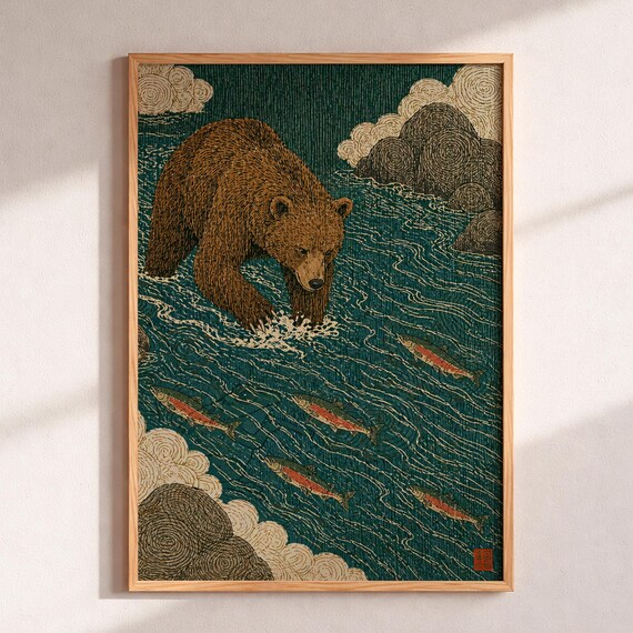 Brown Bear Fishing Salmon Ukiyoe Japanese Dark Nature Poster