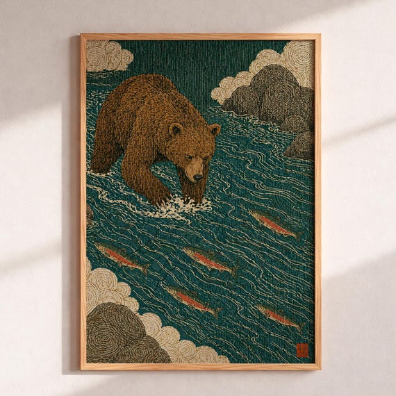 Japanese Woodblock Bear Fishing Salmon Art Print Ukiyoe Style Wall Decor Dark Blue And Brown Nature Poster Grizzly Fish Gift