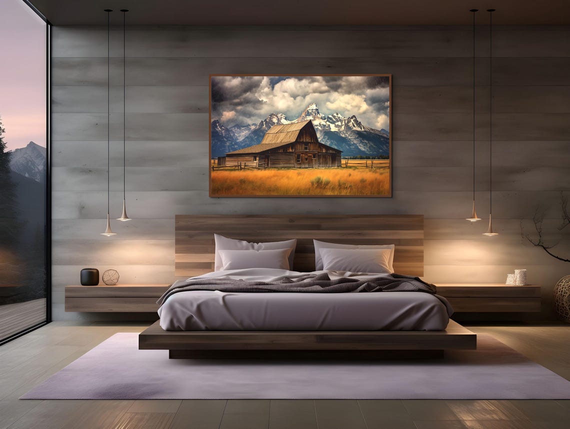 Rustic Wooden Barn with Snowy Mountain Backdrop Landscape Poster - Image 3
