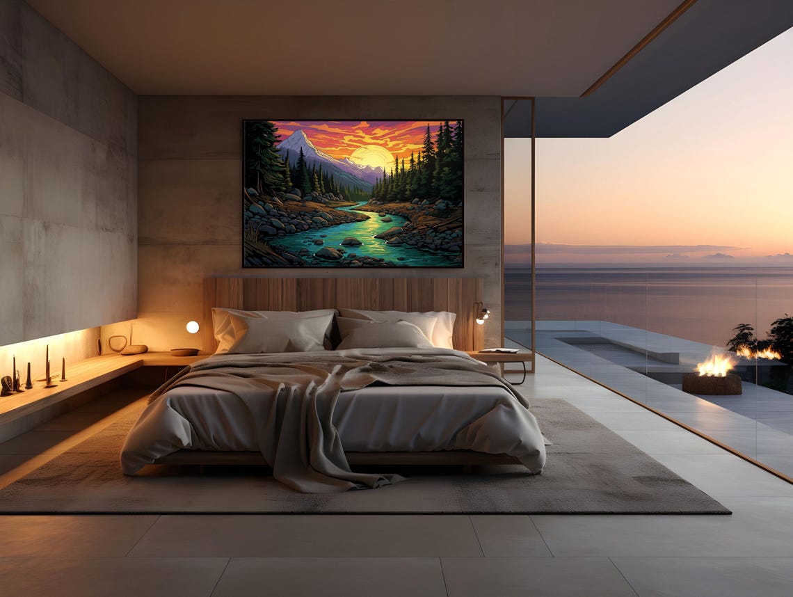 Mountain Sunset River Forest Poster in Vibrant Nature Landscape Style - Image 3