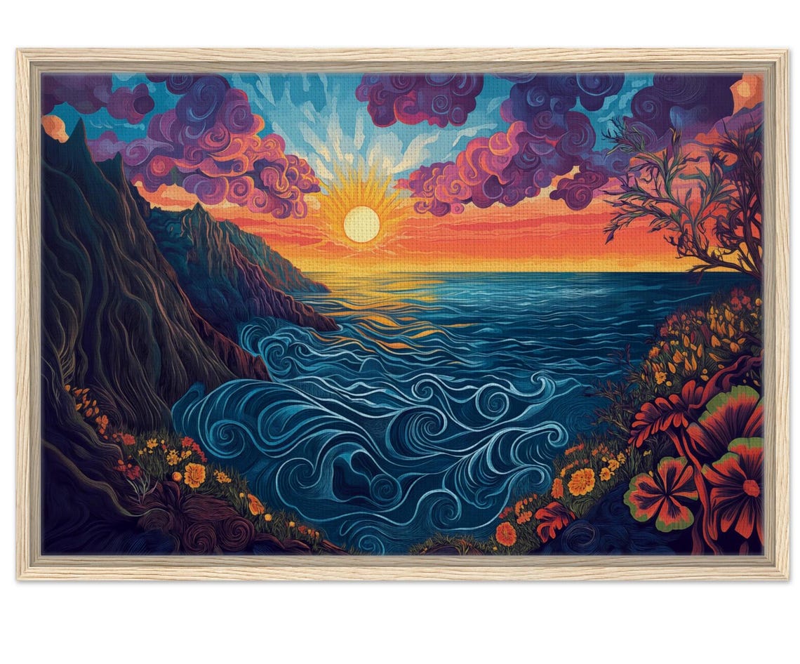 Psychedelic Sunset Coast with Swirling Waves and Flowers Poster - Image 3