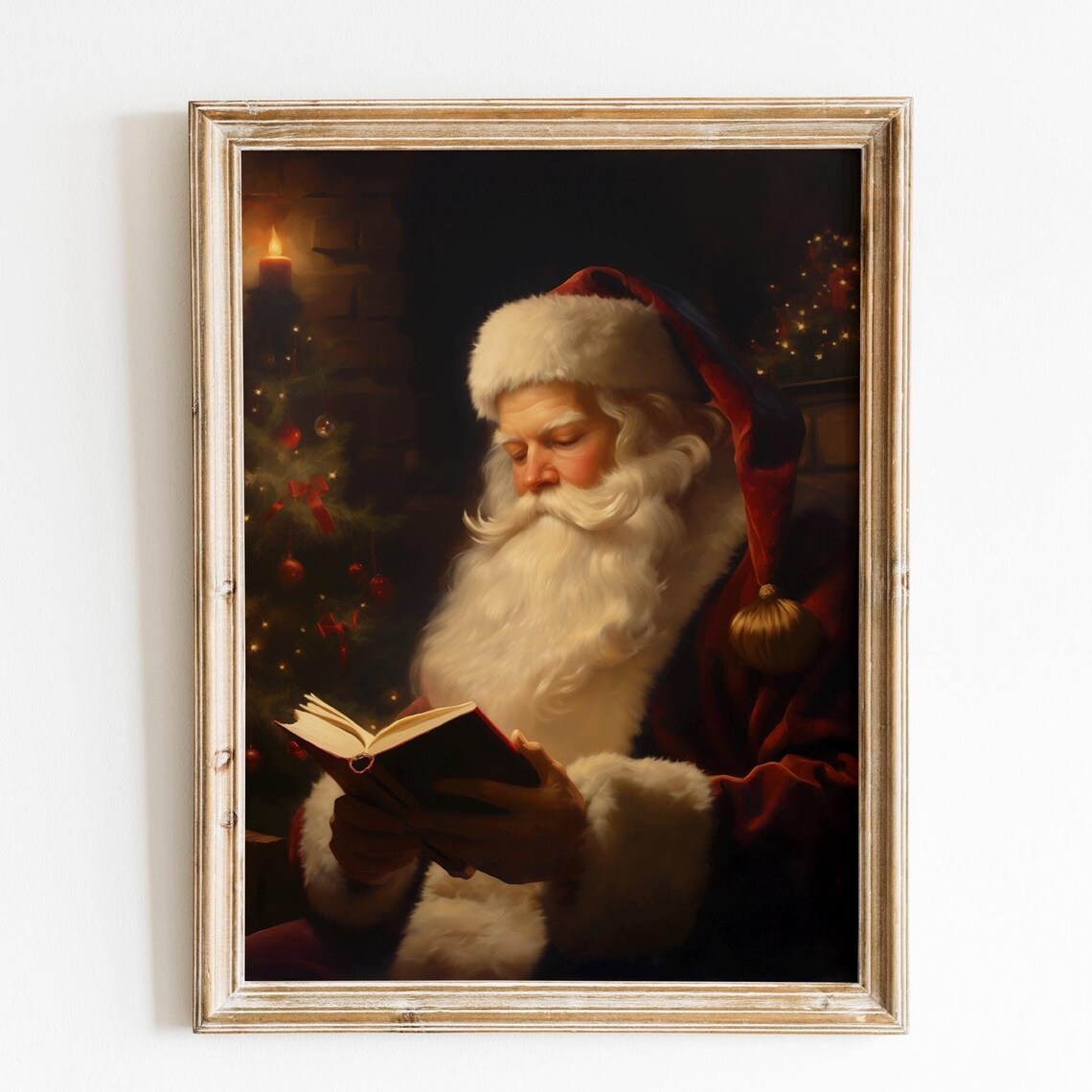Santa Claus Reading Book Candlelight Christmas Eve Vintage Poster