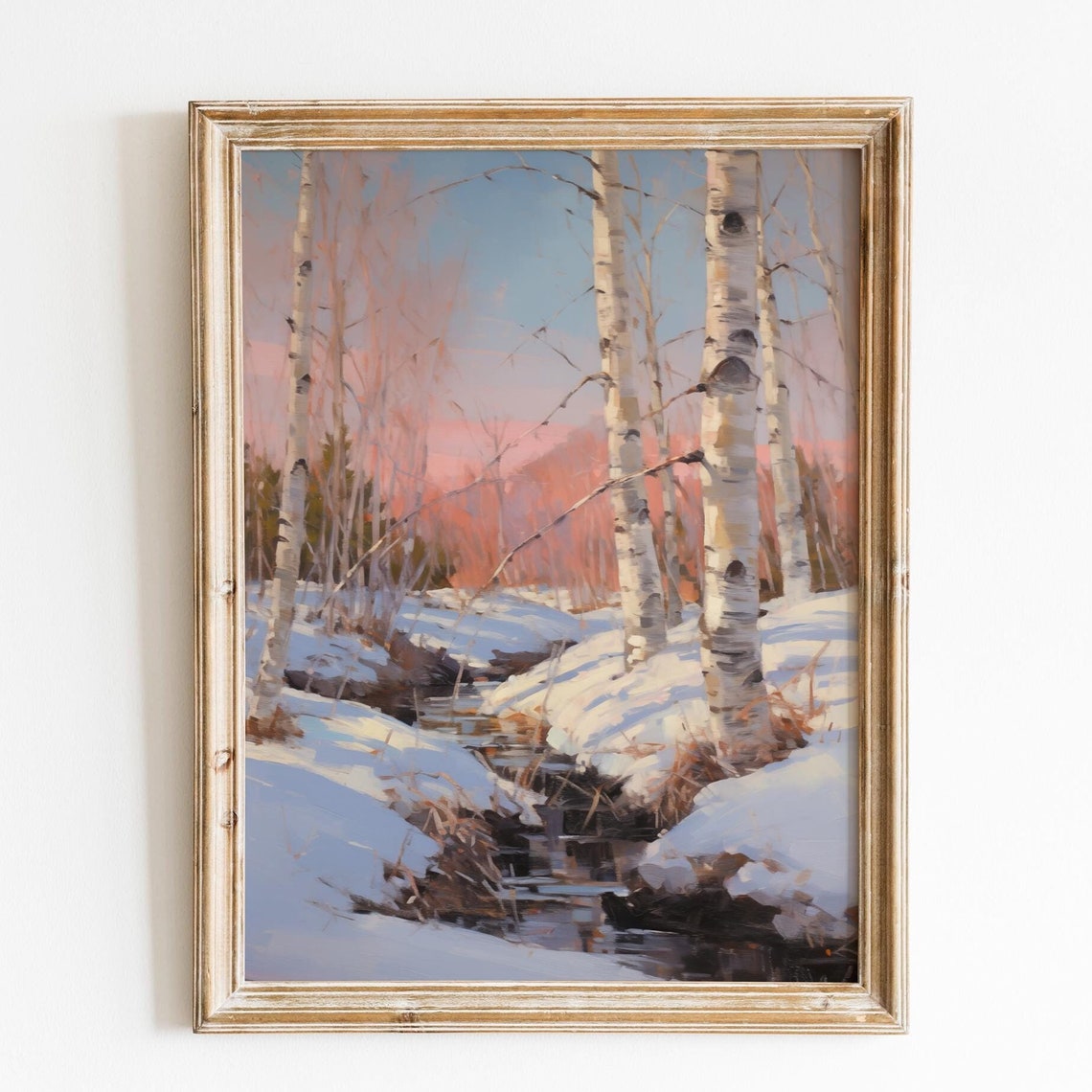 Winter Birch Forest Snowy Stream Pink Sunset Sky Nature Wall Art
