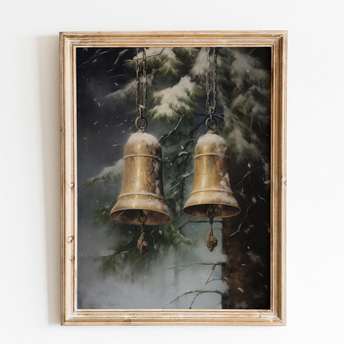 Antique Brass Christmas Bells Snowy Pine Vintage Holiday Poster