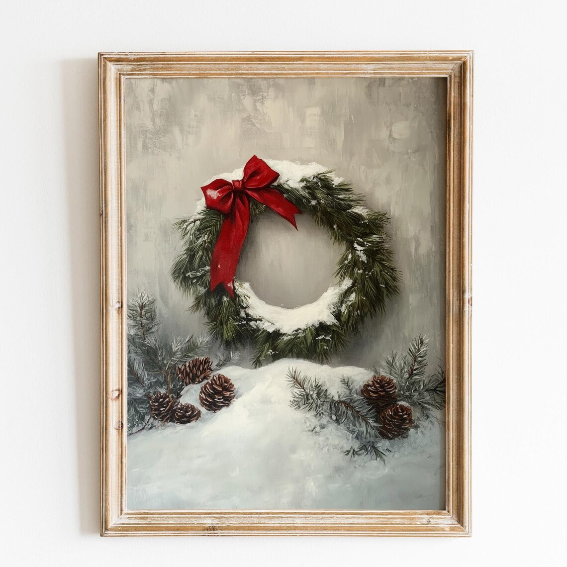 Snowy Pine Wreath Red Bow Christmas Winter Holiday Season Wall Art