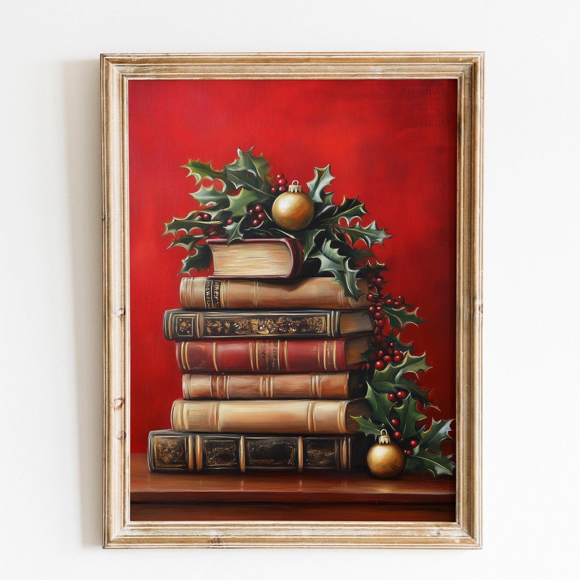 Vintage Book Stack Red Background Holly Gold Ornament Christmas Poster