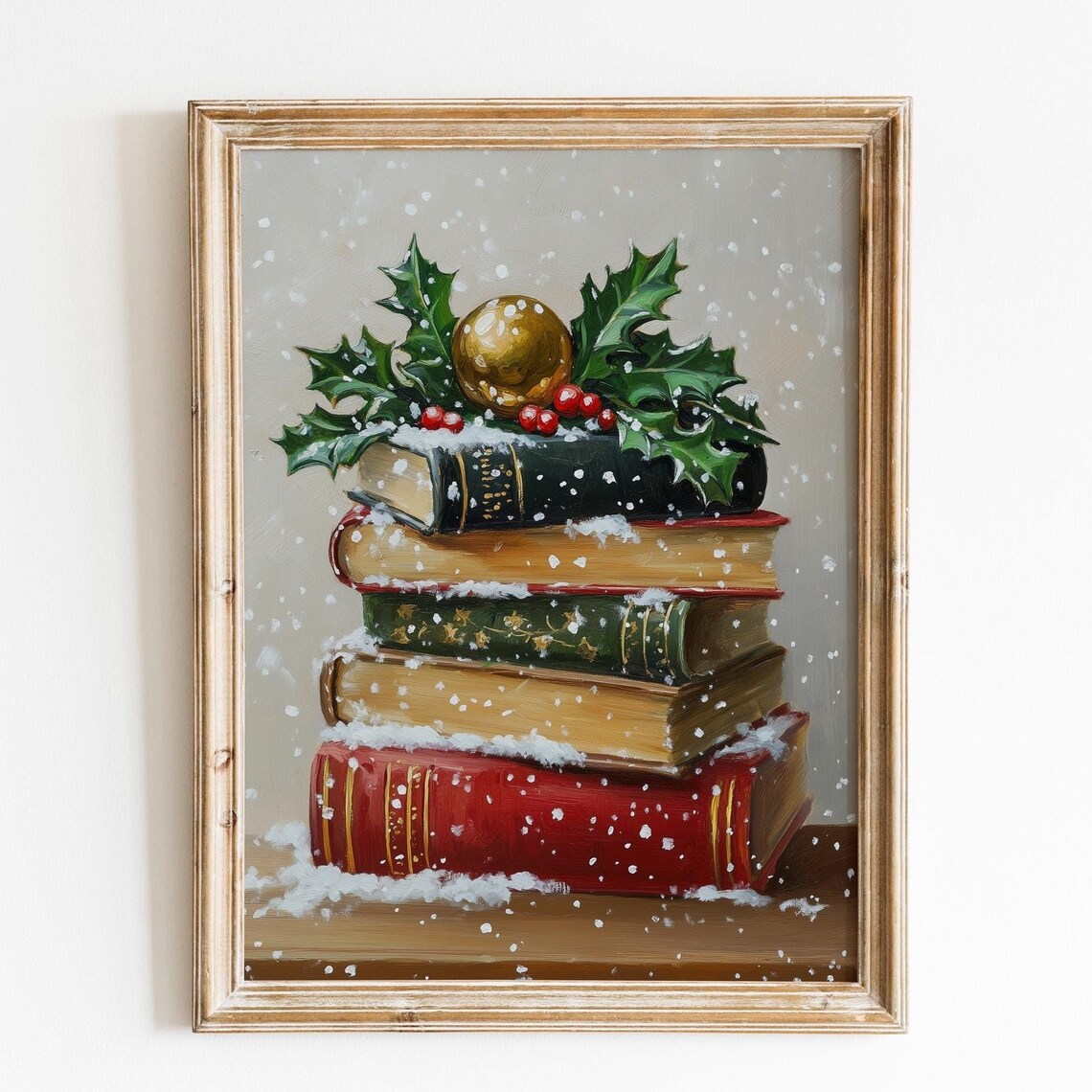 Snowy Christmas Books Gold Ornament Holly Berry Still Life Poster