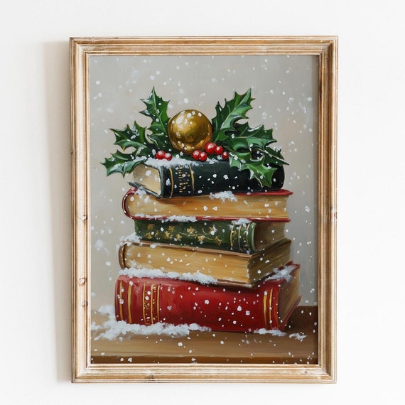 Moody Christmas Wall Art Christmas Print Book Art Christmas Rustic Snowy Christmas Oil Painting Dark Academia Decor Winter Holiday