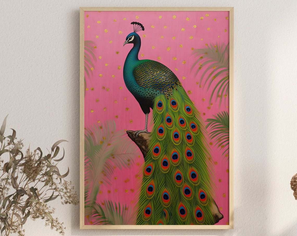 Retro Peacock On Branch Pink And Gold Tropical Palm Leaves Art Poster