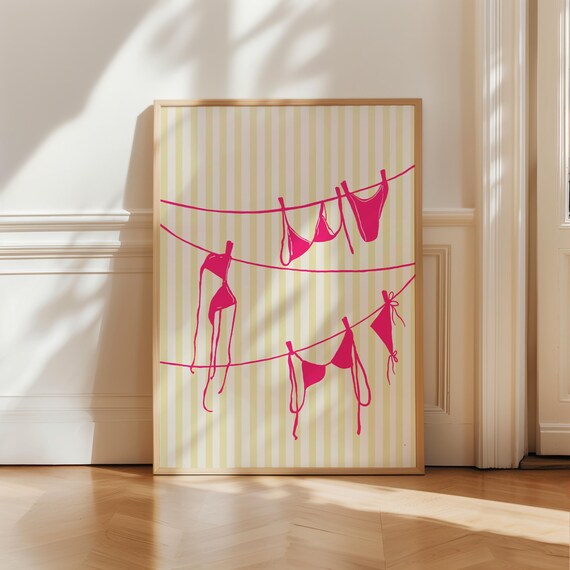Hot Pink Bikinis Clothesline Striped Background Summer Art Poster