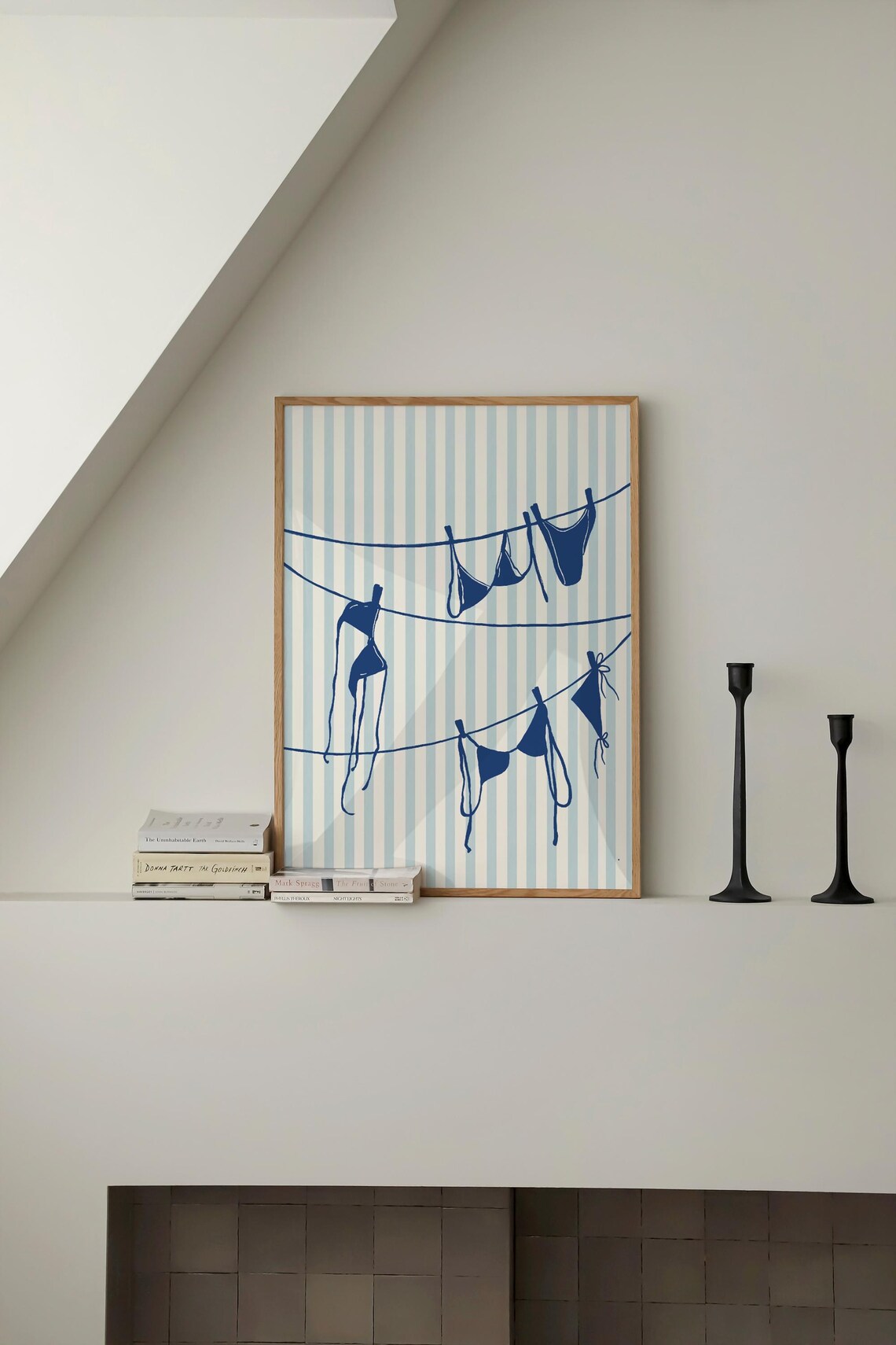 Navy Bikinis Clothesline Striped Background Summer Beach Art Poster