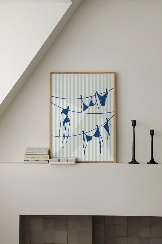 Navy Bikinis Clothesline Striped Background Summer Beach Art Poster