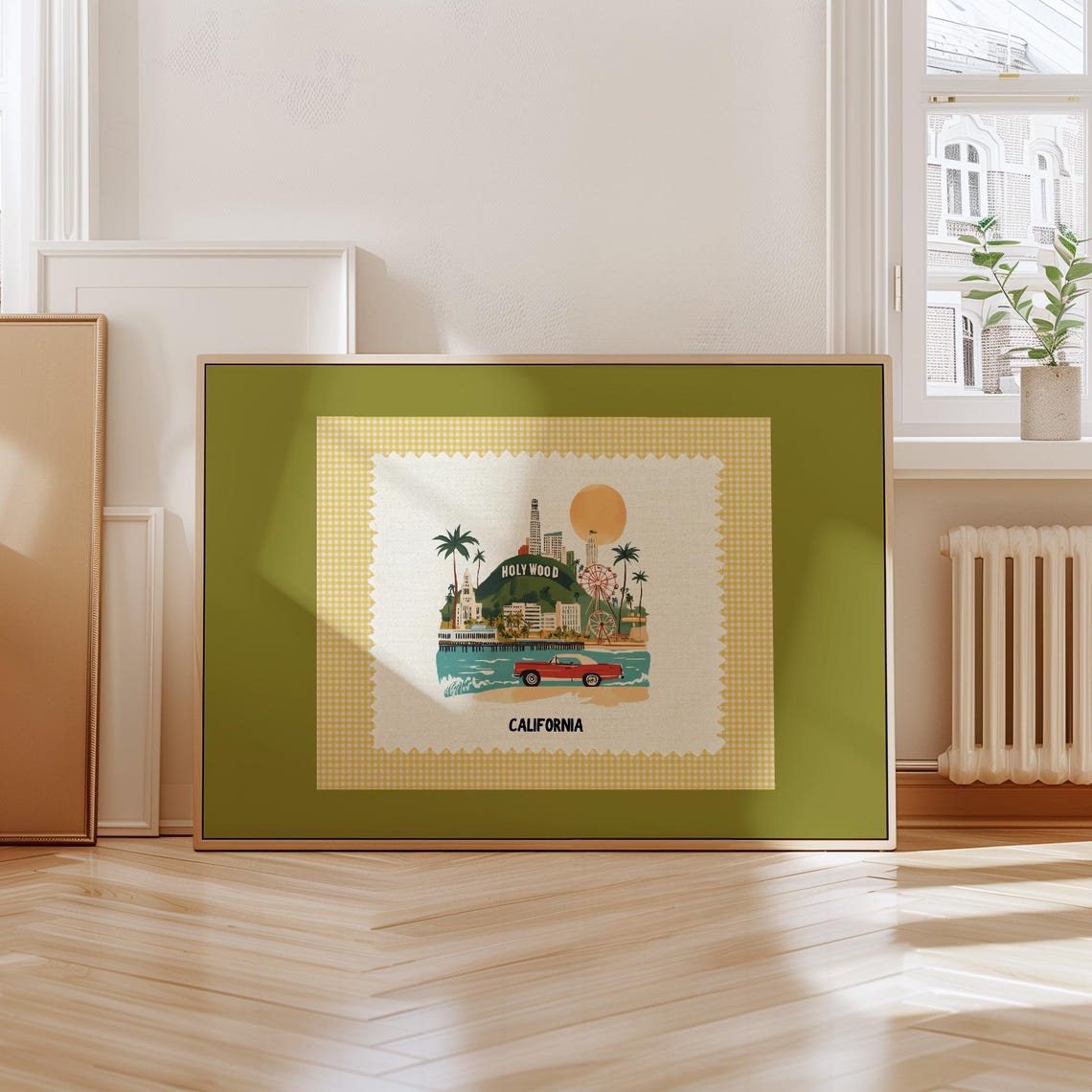 California Retro Hollywood Pier Yellow Gingham Border Art Poster
