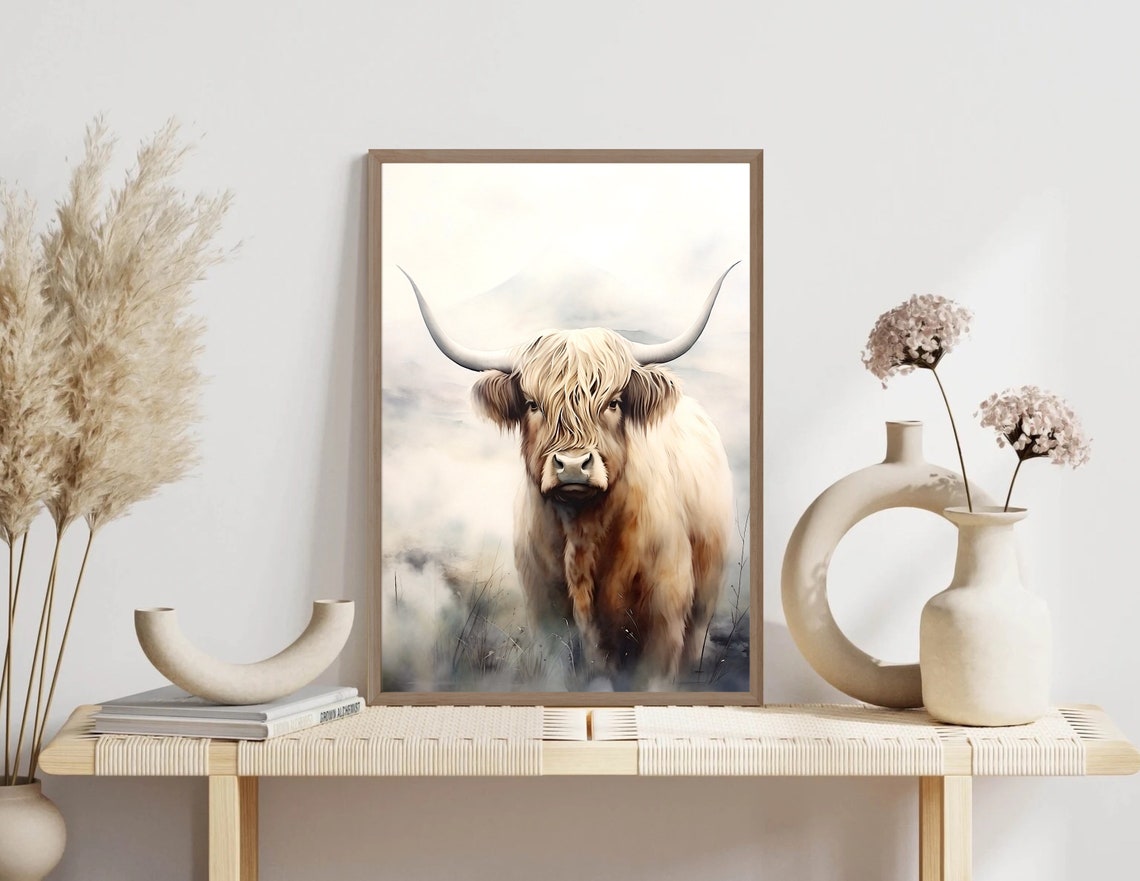 Highland Cow Portrait Shaggy Longhorn Watercolor Rustic Art Poster - Image 2