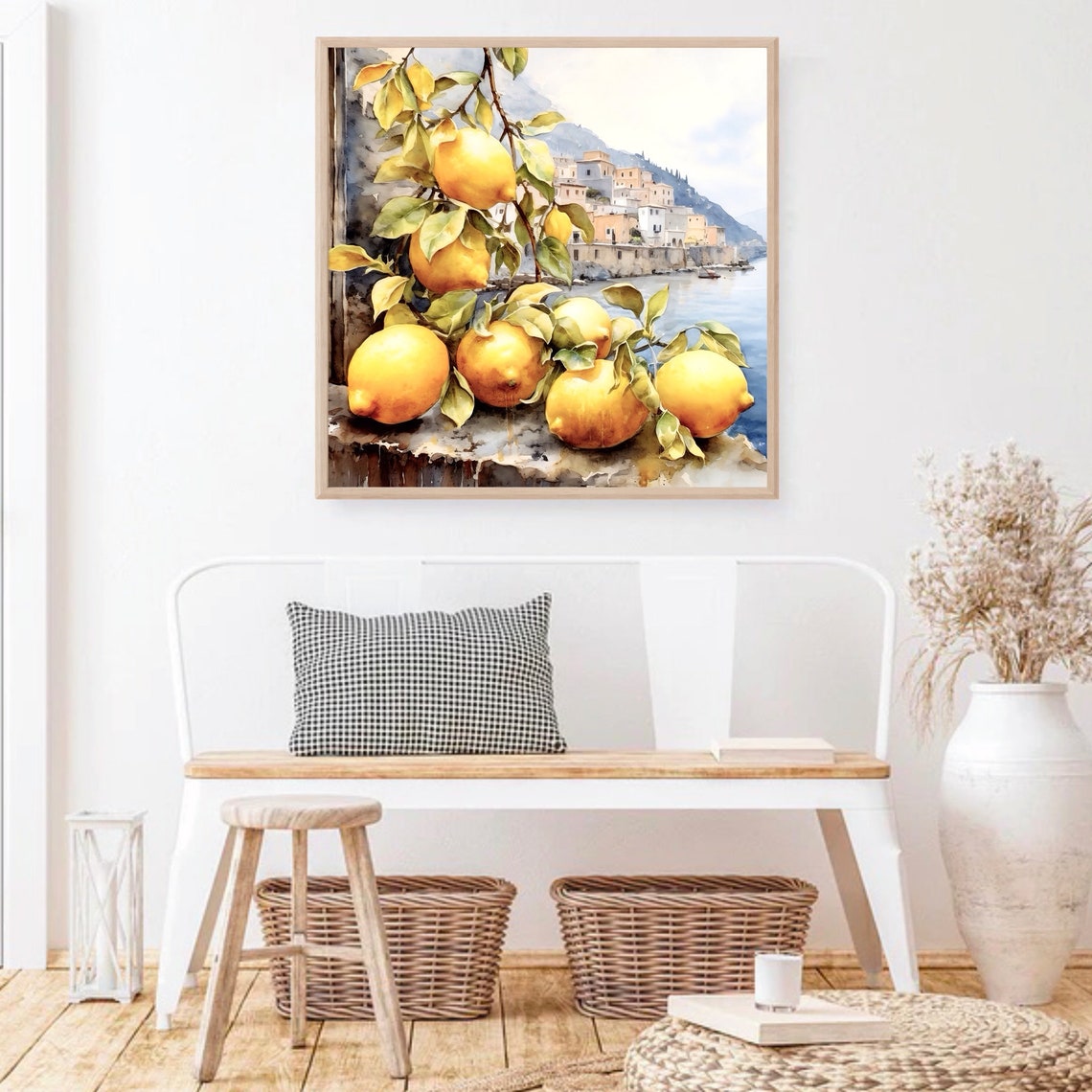 Positano Lemon Tree Coastal Village Watercolor Art Scene Poster - Image 2