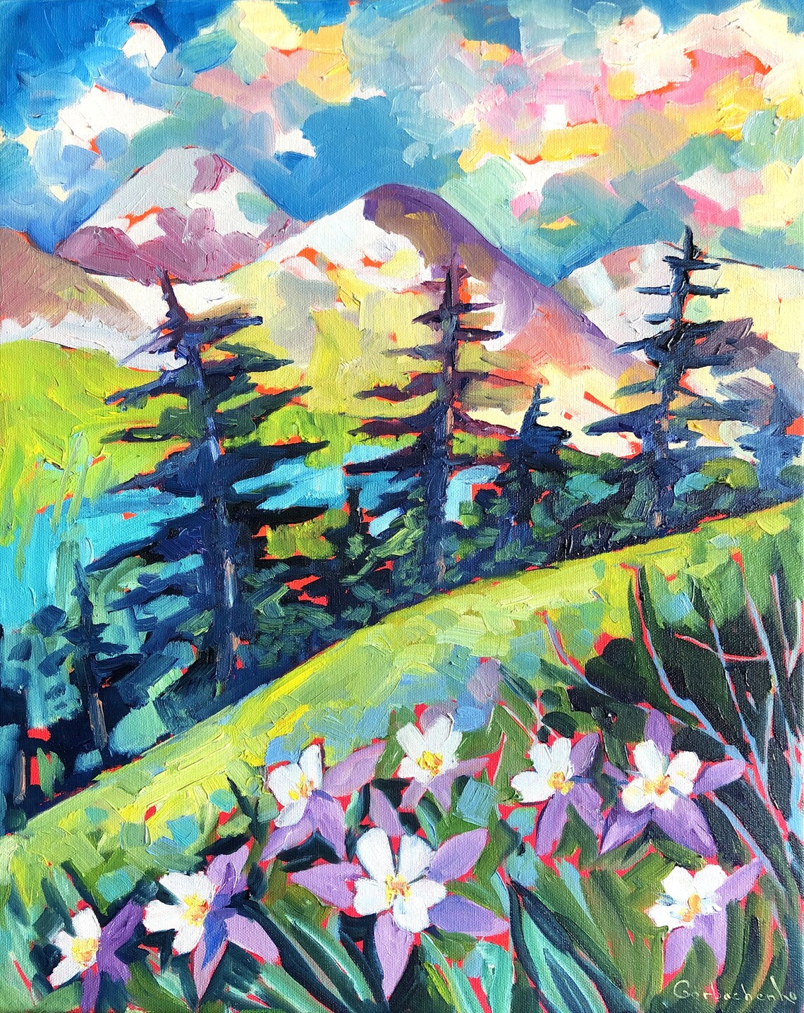 Colorful Mountain Meadow Oil Painting with Pines and Wildflowers Poster - Image 2
