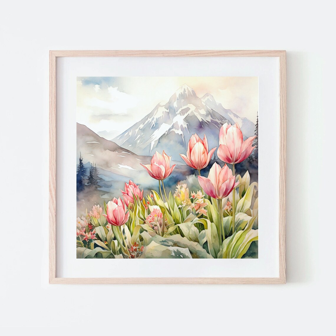 Tulips Flowers Alaska Mountain Landscape Watercolor Art Print - Image 2