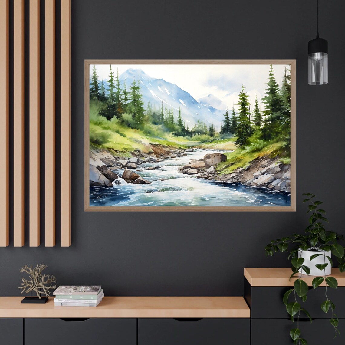 Mountain River Watercolor Pine Forest Wall Art Print - Image 4