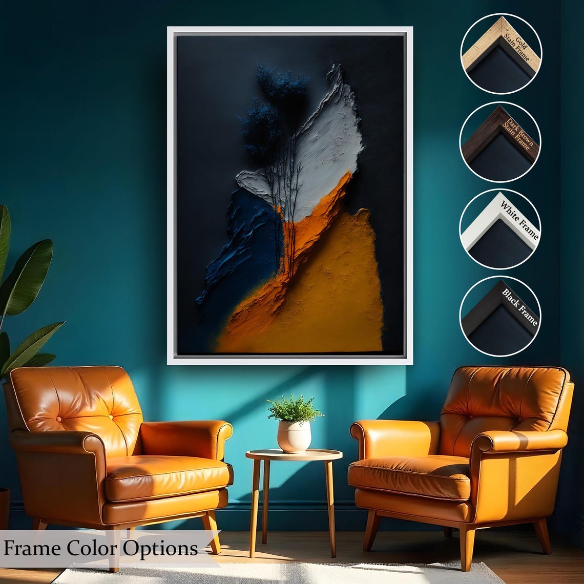 Navy Blue Burnt Orange Abstract Textured Impasto Modern Art Poster - Image 2