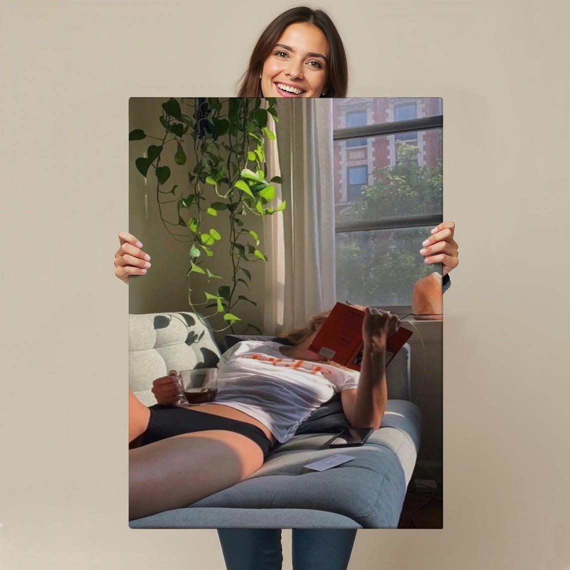 Woman Reading A Book On Cozy Couch With Tea Sunlit Window Wall Art - Image 4