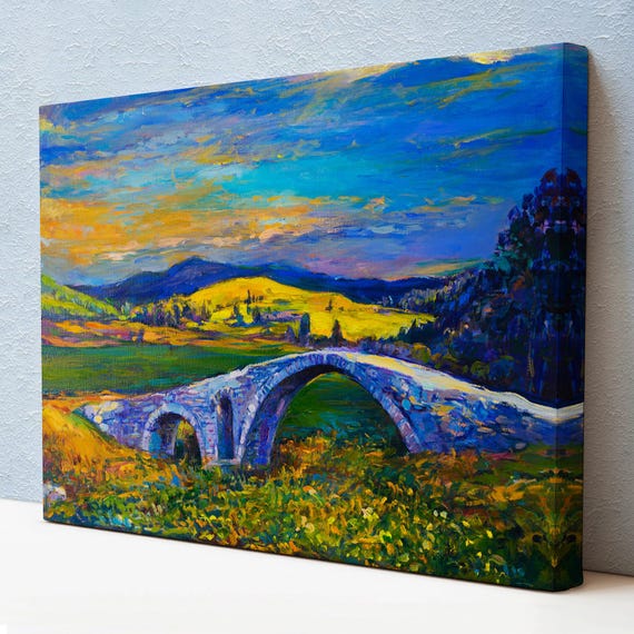 Village Stone Bridge Sunset Landscape Wall Painting Nature Decor Nature Art Nature Print Nature Wall Decor