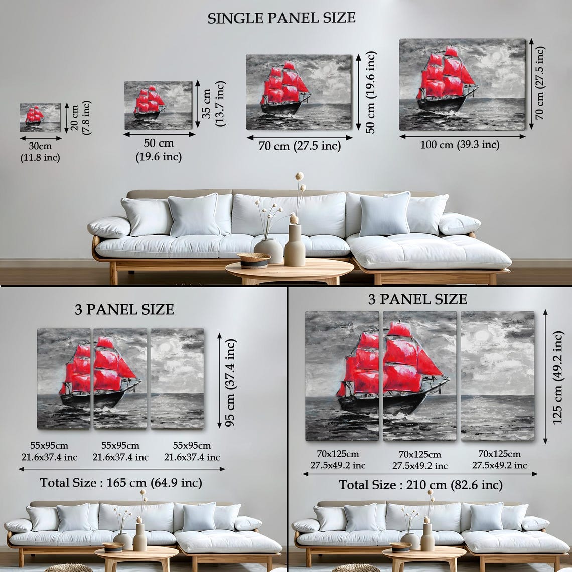 Scarlet Sails Tall Ship Gray Monochrome Ocean Seascape Wall Art - Image 4