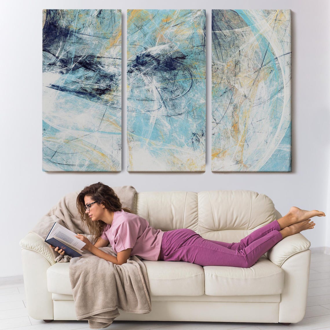 Abstract Light Blue White Gold Lines Modern Minimalist Serene Wall Art - Image 3