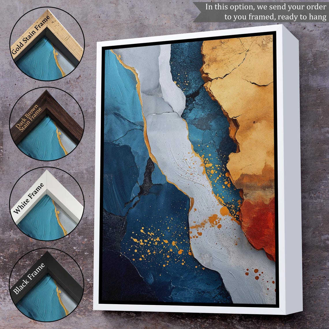 Teal Blue Gold Marble Abstract Modern Textured Wall Art Painting - Image 3