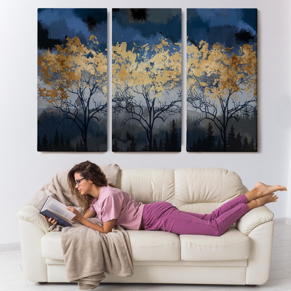 Midnight Forest Golden Tree Canopy Dark Blue Moonlit Night Poster - Image 3
