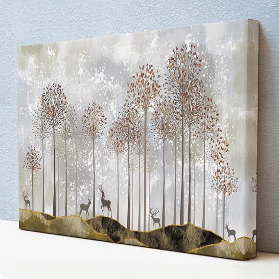 Golden Deer Silhouettes Tall Trees Forest Minimalist Art Poster