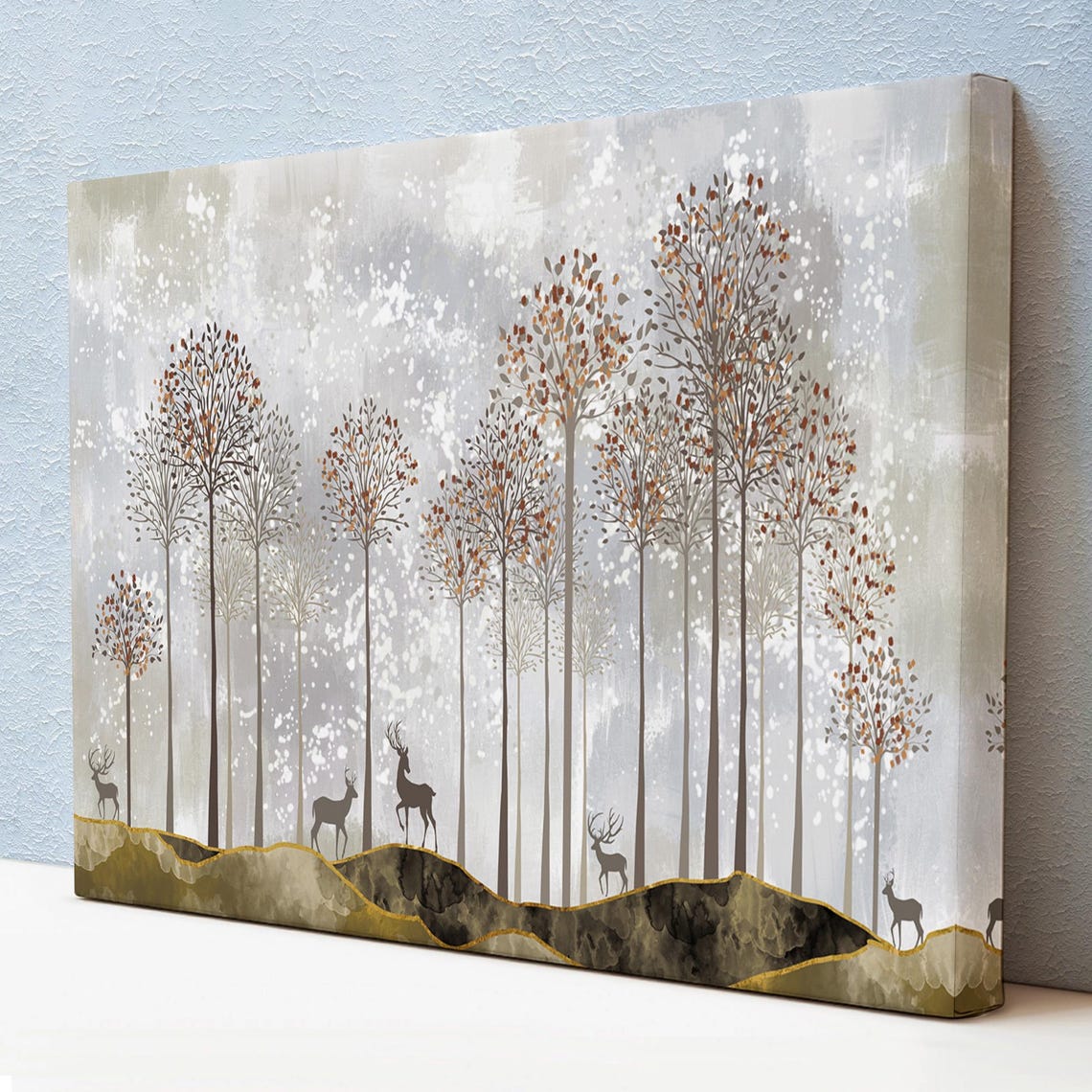 Golden Deer Silhouettes Tall Trees Forest Minimalist Art Poster