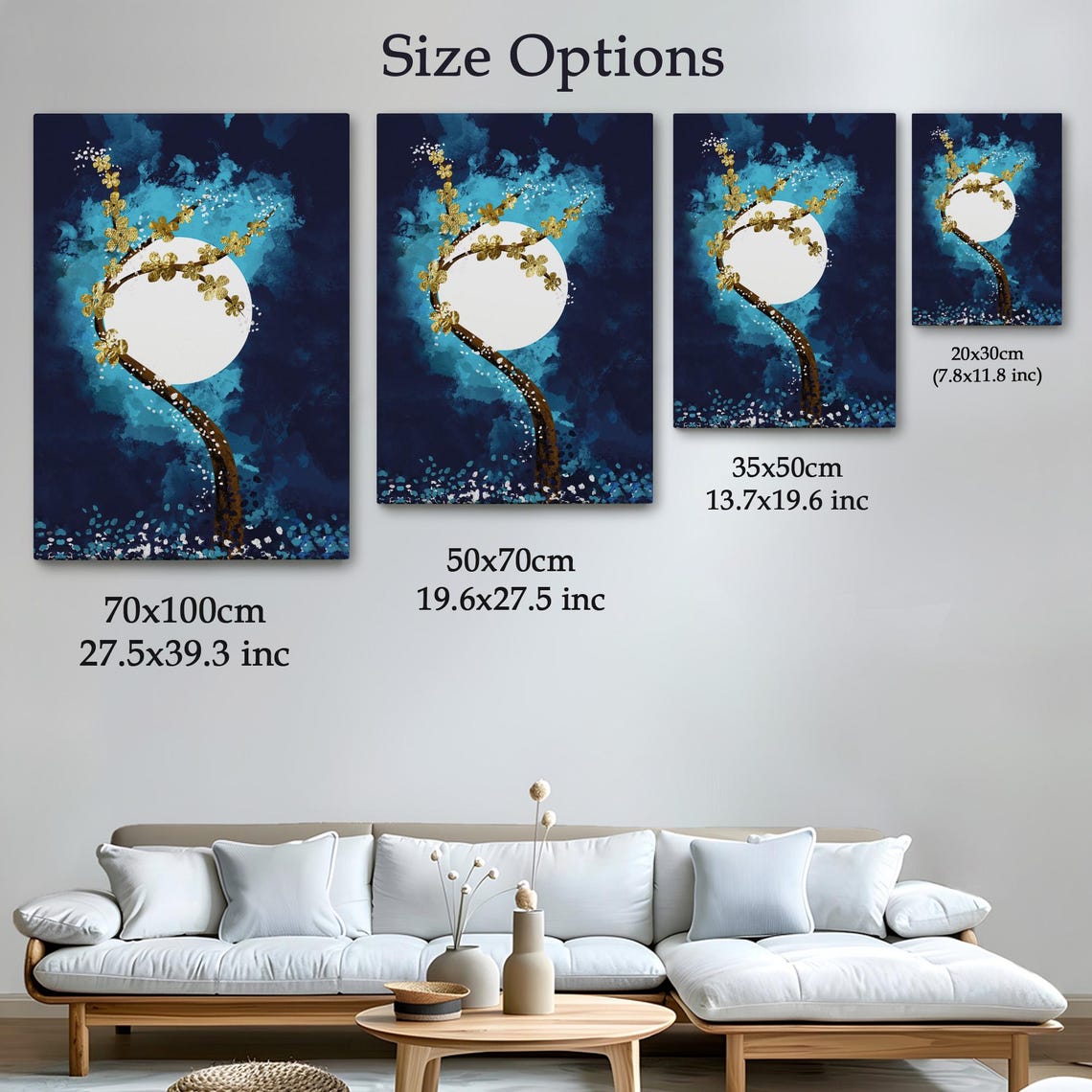 Golden Blossom Branch Full Moon Deep Navy Abstract Modern Art Print - Image 4