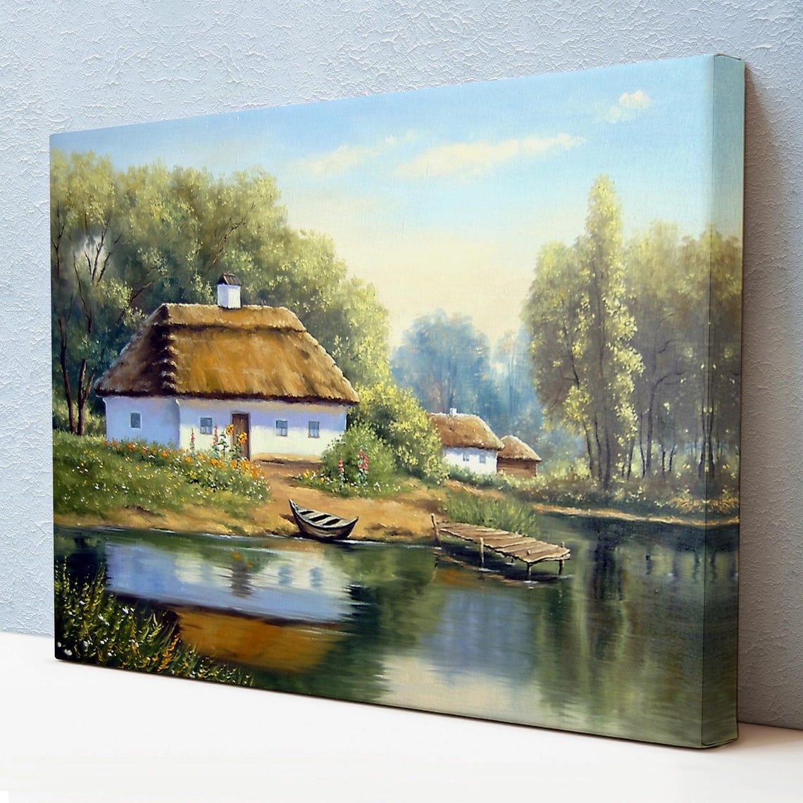 Lakeside Village Thatched Roof Cottage Wooden Dock Boat View Poster