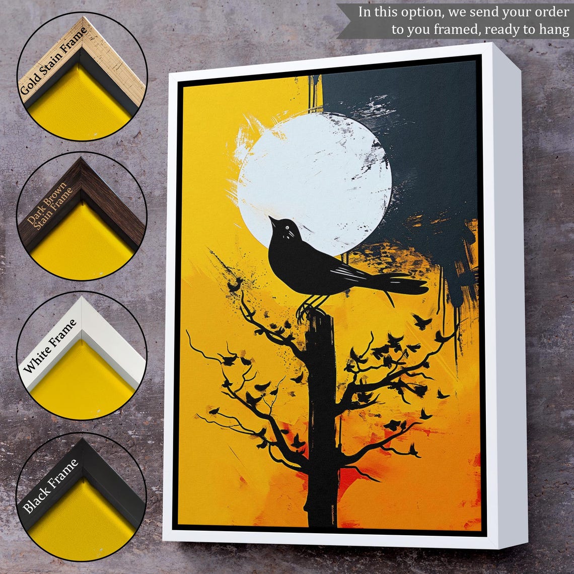 Black Bird On Branch Big Moon Sunset Dramatic Silhouette Art Poster - Image 3