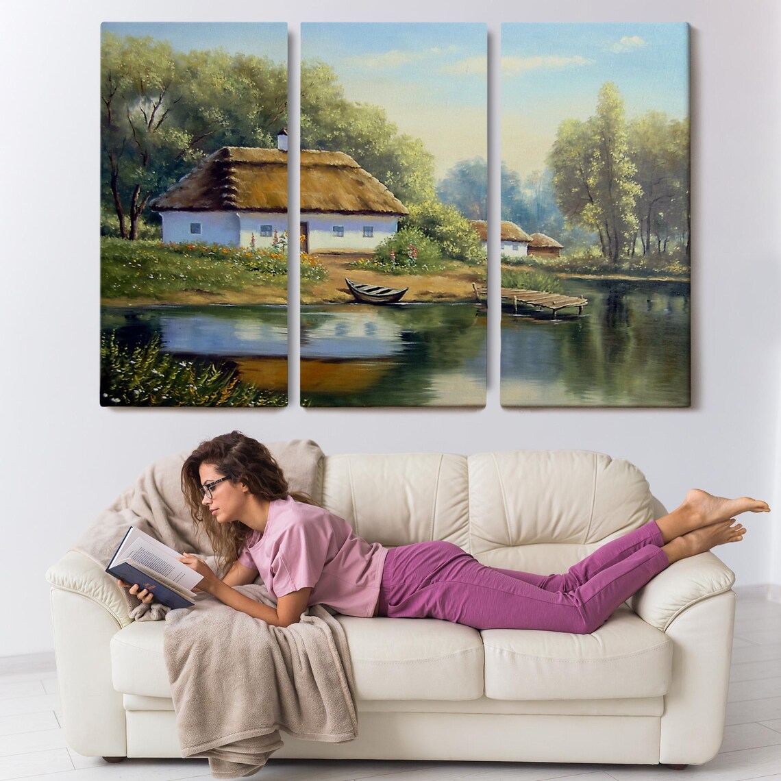 Lakeside Village Thatched Roof Cottage Wooden Dock Boat View Poster - Image 3