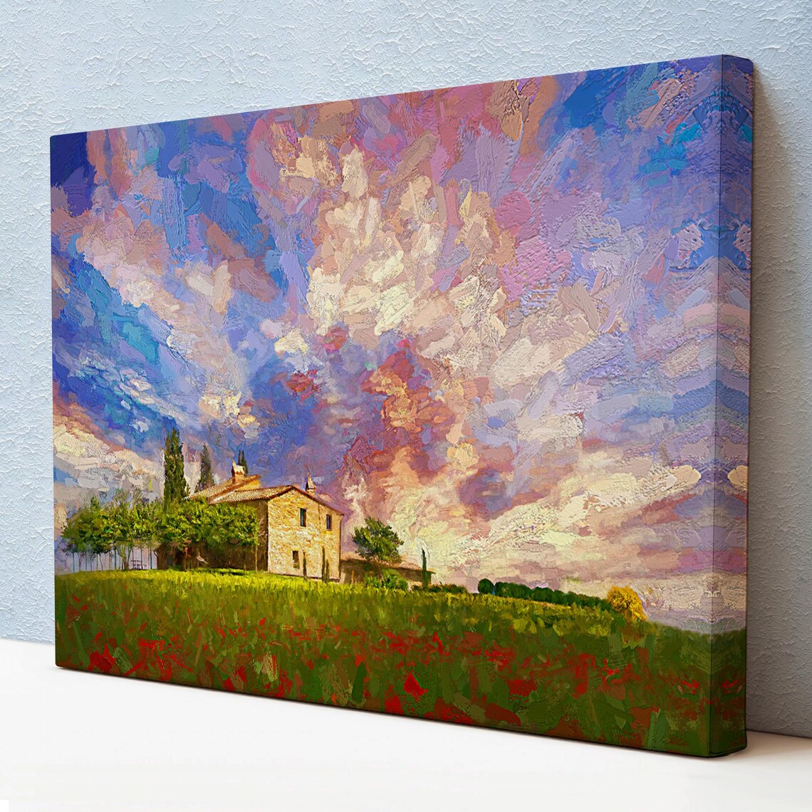 Tuscan Farmhouse Red Poppy Field Dramatic Sunset Sky Italy Poster