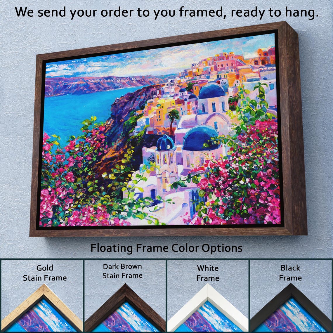 Santorini Greece Blue Domes Bougainvillea Caldera View Colorful Poster - Image 3