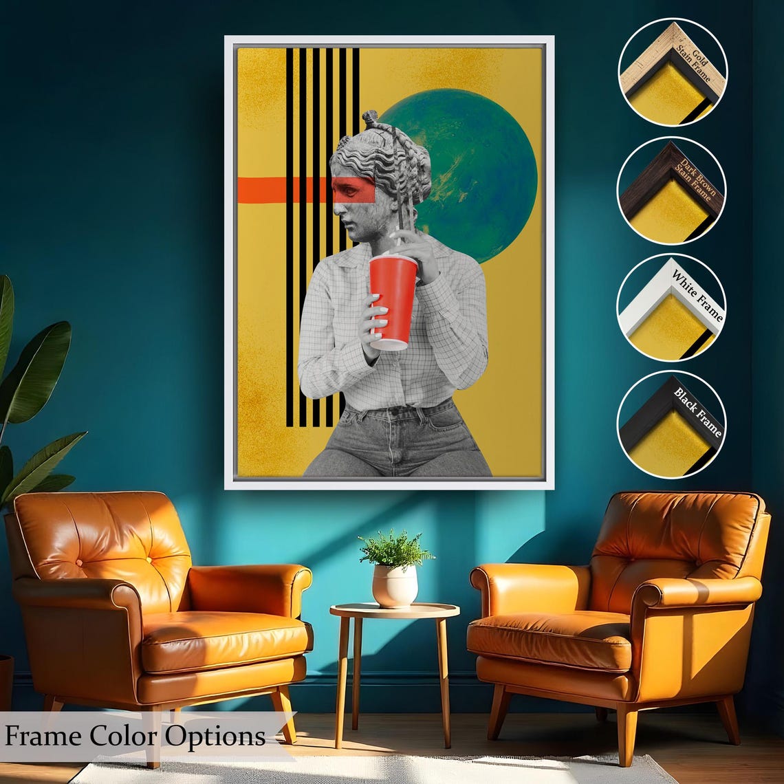 Pop Art Statue Head Woman Red Cup Yellow Surreal Collage Wall Art - Image 2