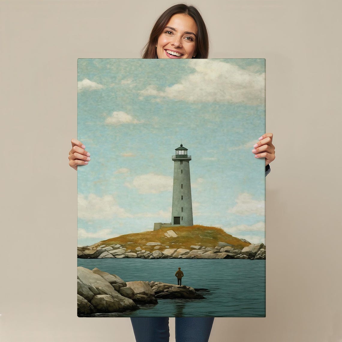 Lighthouse Rocky Island Lone Figure Teal Sea Serene Coastal Poster - Image 4