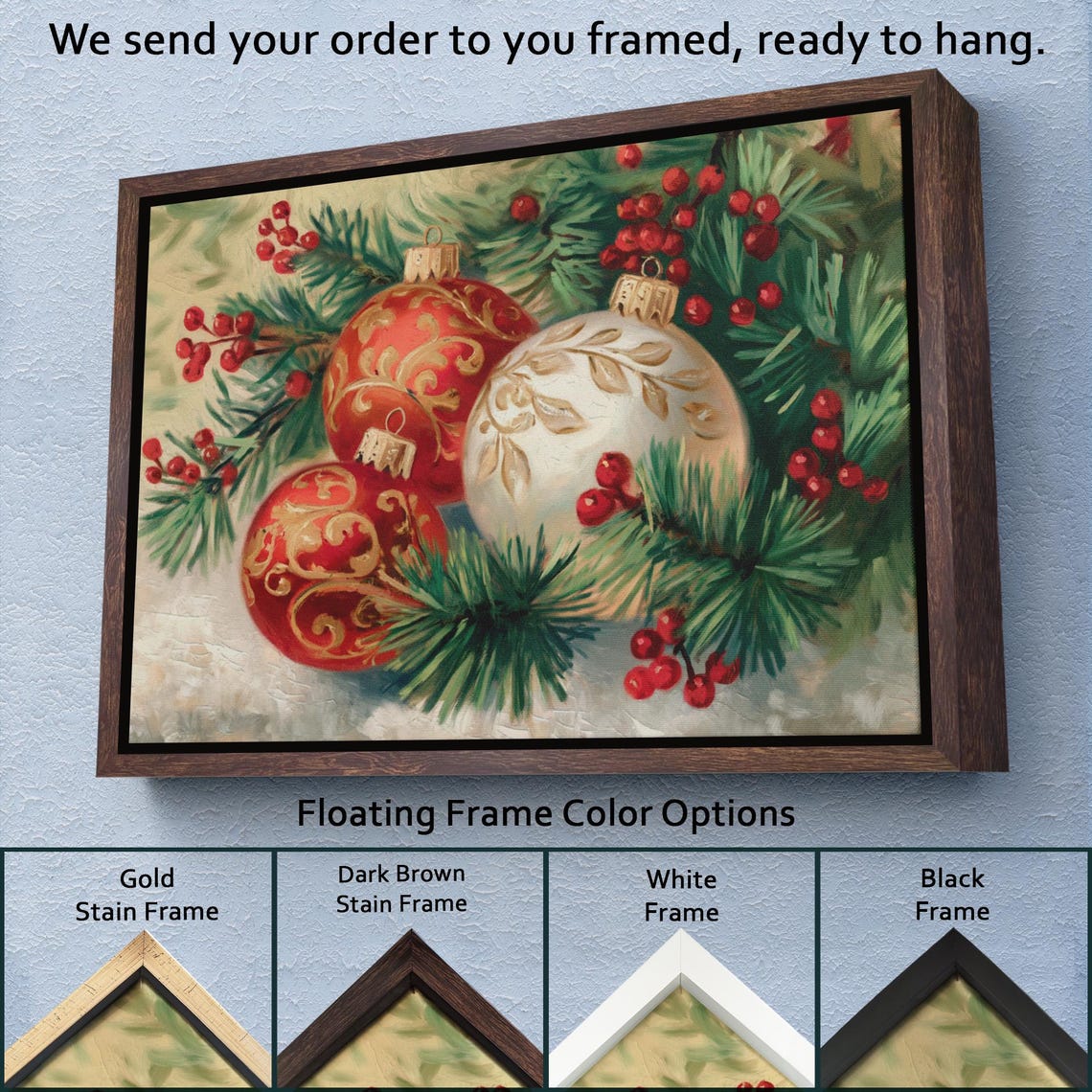 Red Gold Christmas Baubles Pine Branches Berries Ornate Holiday Poster - Image 3