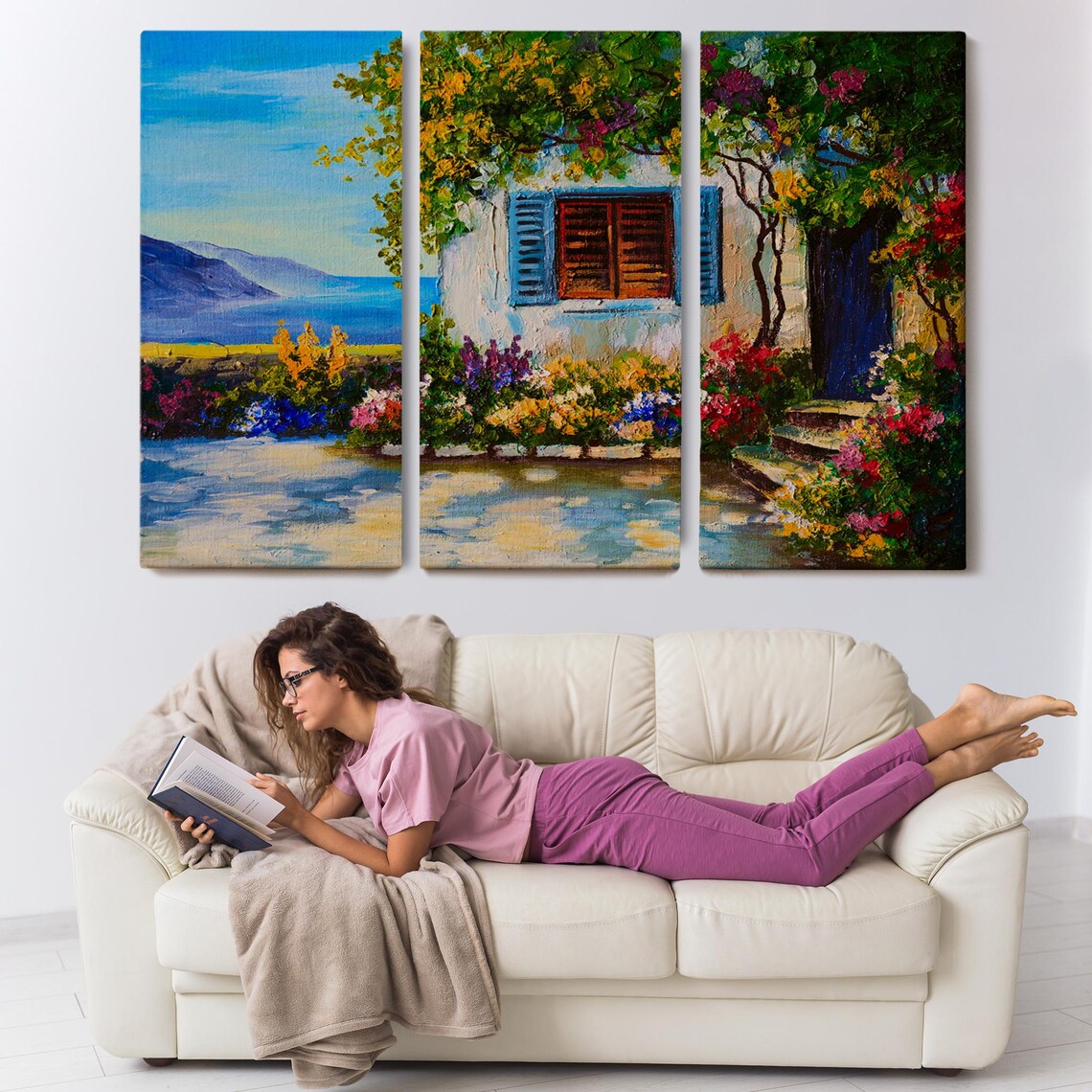 Mediterranean House Blue Shutters Flower Garden Sea View Summer Poster - Image 3