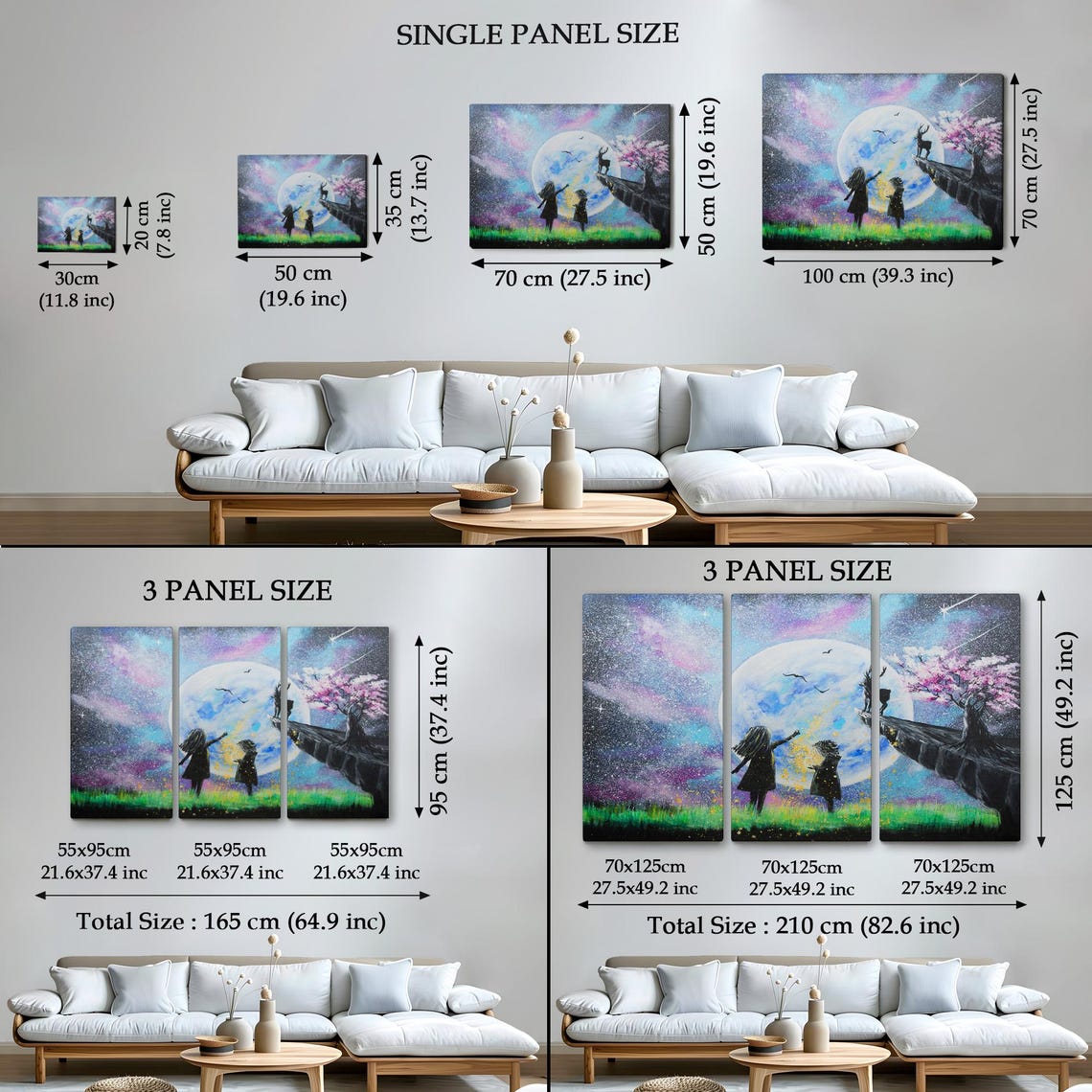 Children Under Giant Full Moon Deer Cherry Blossom Starry Night Poster - Image 4