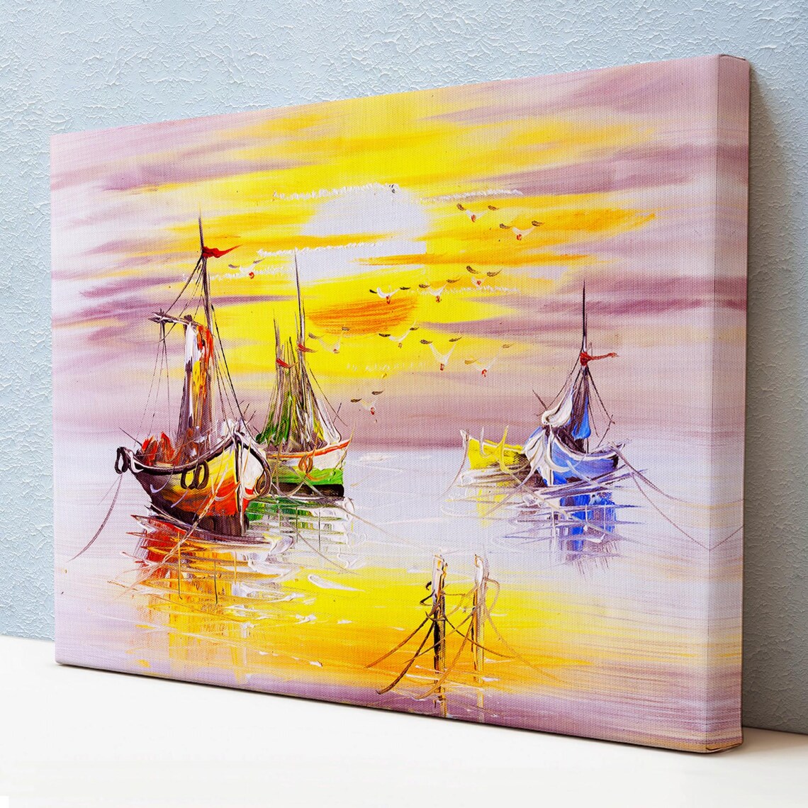 Golden Sunset Sailboats Harbor Seagulls Impressionist Art Poster
