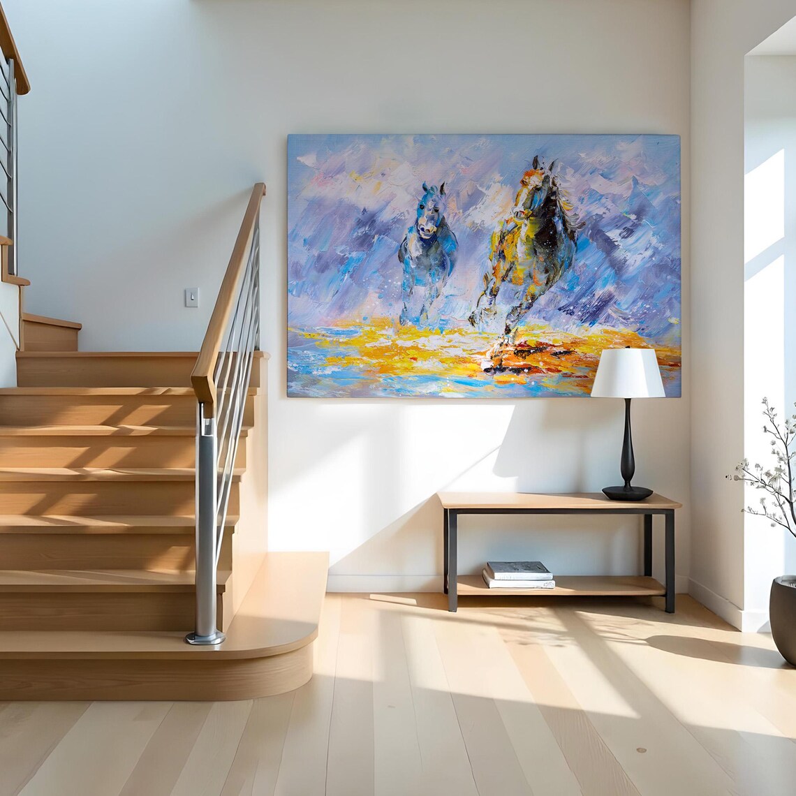 Two Galloping Horses Blue Gold Abstract Motion Oil Painting Poster - Image 2