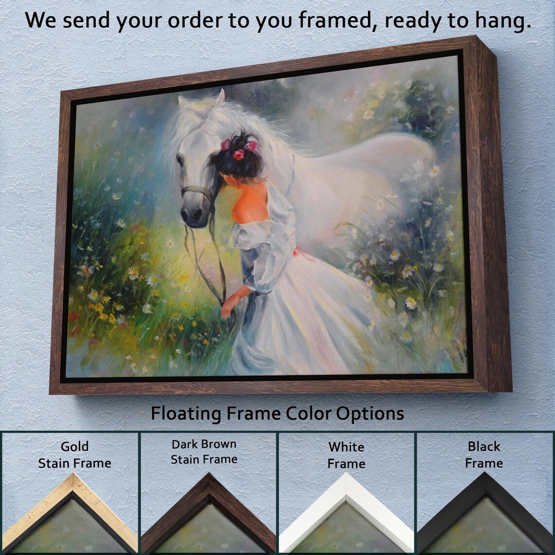 White Horse Girl In Flower Meadow Dreamy Romantic Oil Painting Print - Image 3
