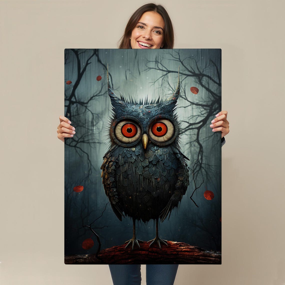 Whimsical Big Eyed Owl Misty Forest Quirky Dark Animal Art Poster - Image 4