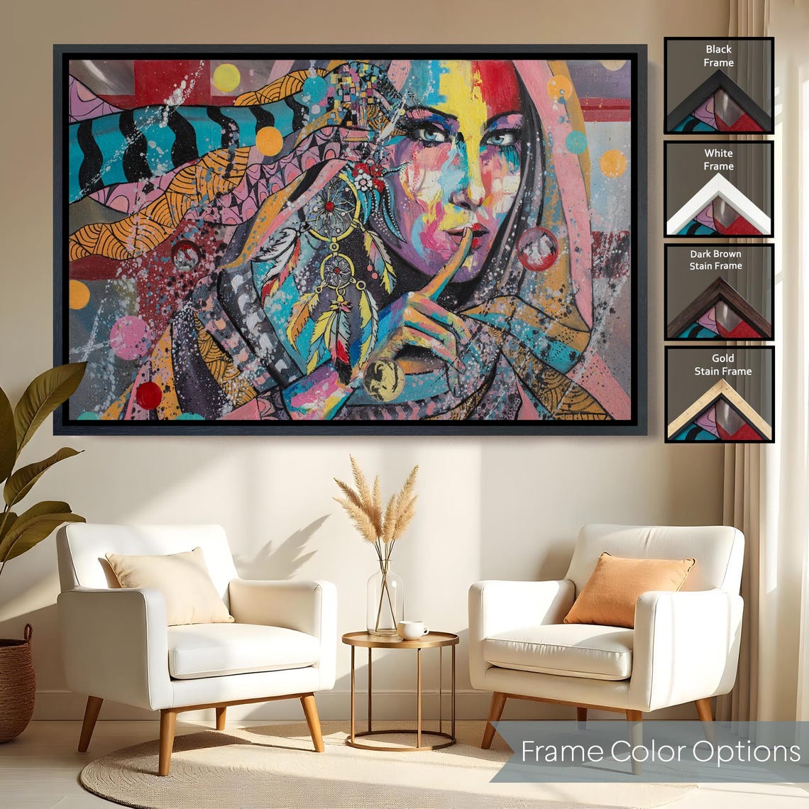 Pop Art Woman Face Dreamcatcher Feathers Colorful Portrait Wall Art - Image 2